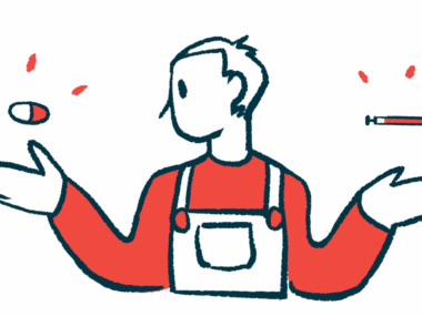 A person in overalls weighs the choice between a capsule, seen hovering over one hand, and a syringe hovering over the other.