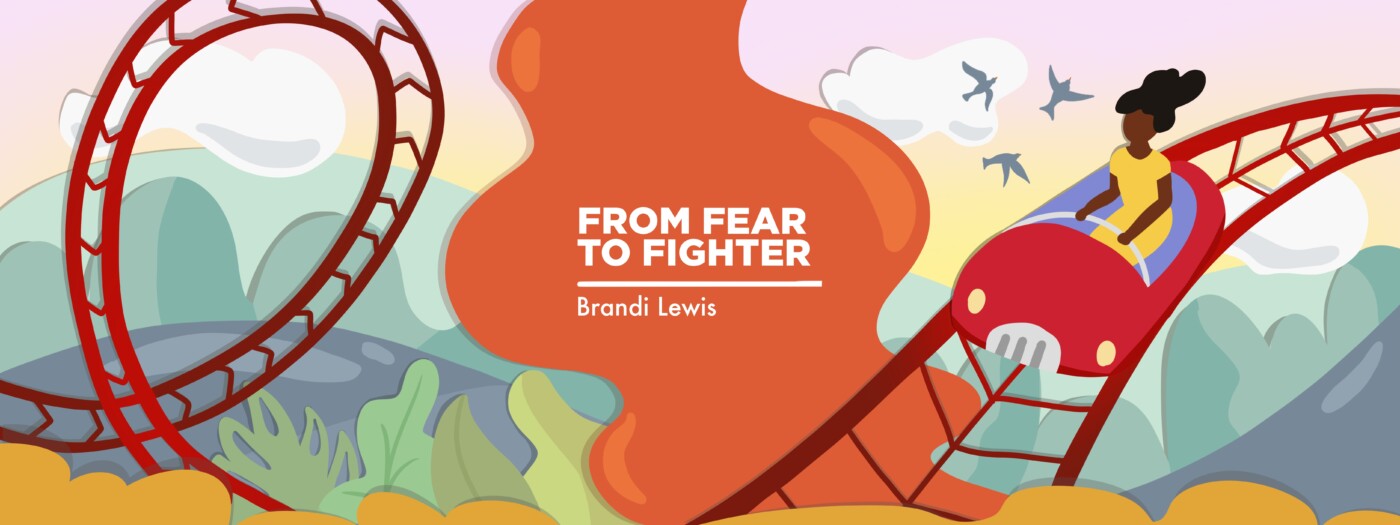 An illustration of a woman riding a roller coaster winding through a forest, as the banner image for "From Fear to Fighter" by Brandi Lewis.