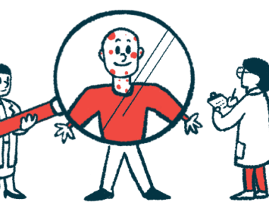 One clinician is seen holding a gigantic magnifying glass in front of the head and torso of a patient while another doctor takes notes on a clipboard.