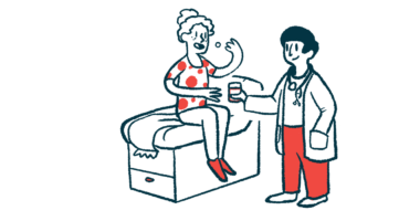 An illustration of a patient taking a pill given by a medical professional.