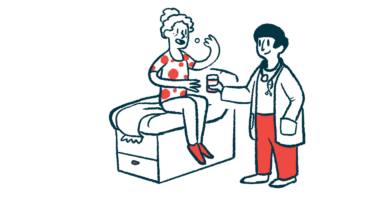 An illustration of a patient taking a pill given by a medical professional.