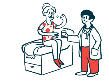 An illustration of a patient taking a pill given by a medical professional.