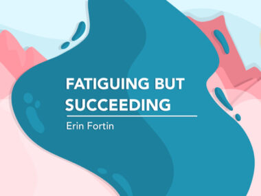 A graphic illustrating a woman rolling a stone up a mountain on the left side, then celebrating it reaching the top on the right side.