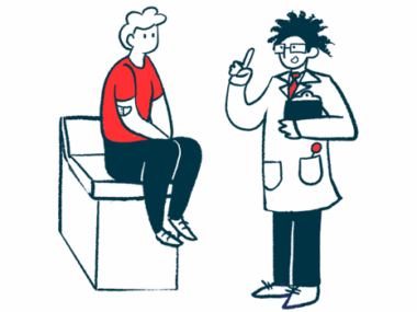 A doctor holding a clipboard talks with a patient sitting on an examining table.