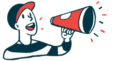 A person wearing a baseball cap speaks using a megaphone.