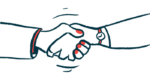 Two hands are shown clasped together in a close-up illustration of a handshake.