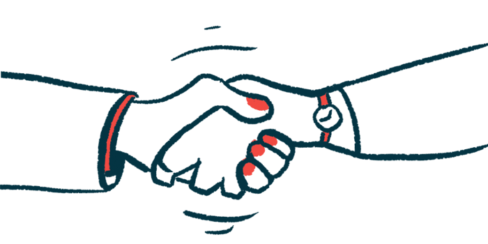 Two hands are shown clasped together in a close-up illustration of a handshake.