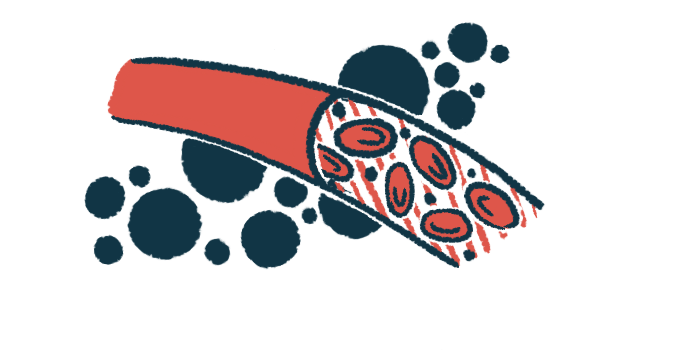 Red blood cells flow through a vein, with llack circles in the background