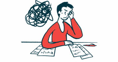 A black stress cloud hovers over the shoulder of a person sitting at a table littered with paperwork.