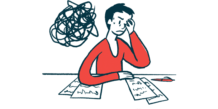 A black stress cloud hovers over the shoulder of a person sitting at a table littered with paperwork.