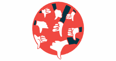 An illustration of many hands giving a thumbs down gesture.