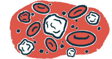 An illustration shows a close-up view of red and white blood cells.