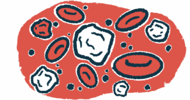 An illustration shows a close-up view of red and white blood cells.