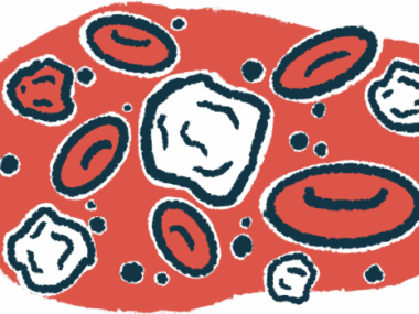 An illustration shows a close-up view of red and white blood cells.