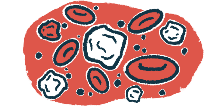 An illustration shows a close-up view of red and white blood cells.
