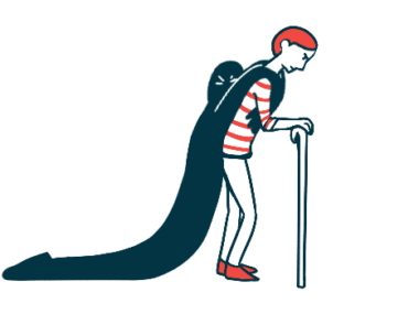 A huge black shadow hangs off the shoulders a person seen using a cane to walk.