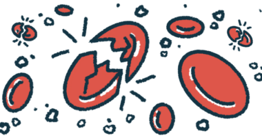 An illustration of a red blood cell breaking apart, representing red blood cell destruction.