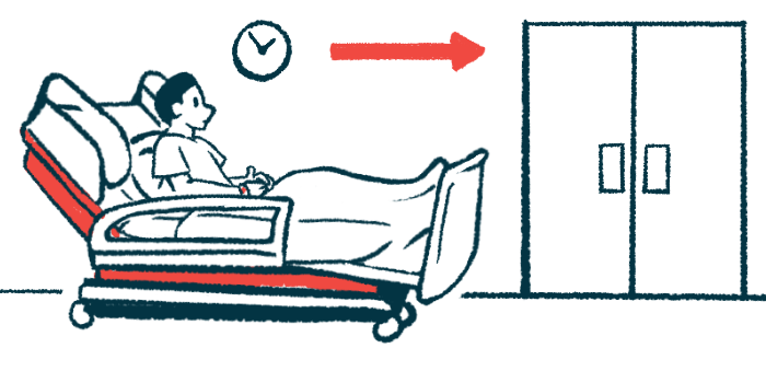 A patient sits in a hospital bed in a hallway near a set of closed double doors.